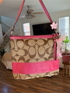 Coach Signature Khaki Pink Leather Trim Small Hobo Shoulder Bag F13674
